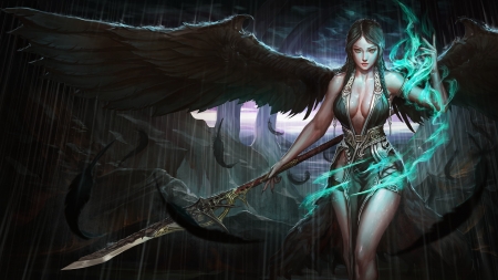 Angel - black, fantasy, woman, green, wings, girl, angel, luminos