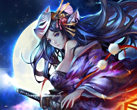 Moonlight - moon, beauty, woman, girl, mask, white, katana, wuduo, blue, luminos, moonlight, luna, kimono