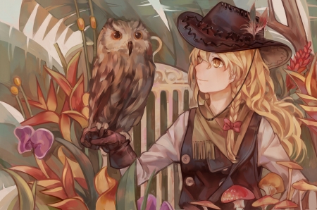 Cowgirl - girl, hat, cowgirl, pasare, bird, zicai tang, anime, owl, manga