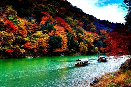 Autumn River - nature, water, boat, river