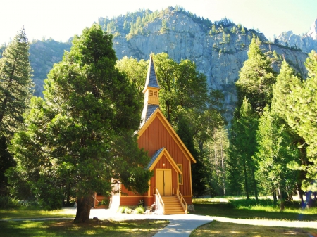 Yosemite Chappel - nature, california, trees, church, national park, mountains, small