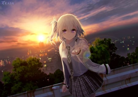 Dawn - beauty, nice, horizon, sky, female, sunset, anime girl, pretty, cloud, anime, scene, girl, lovely, dawn, beautiful, sweet, sunrise