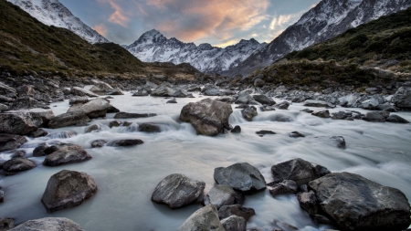 Running - landscape, scene, stream, HD, stones, river, nature, mountains, rocks, wallpaper