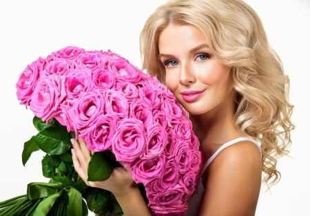 Beauty - trandafir, girl, blonde, beauty, pink, bouquet, white, woman, model, rose