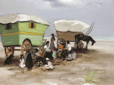 Gypsies - people, horse, tent, pictura, white, green, painting, marcel wppt, gipsy, art