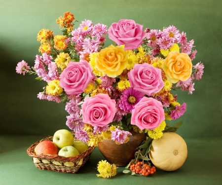 Still life - vase, yellow, roe, pumpkin, flower, pink, still life, basket, autumn, green, apple