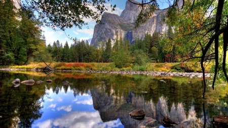 Yosemite River at Fall - season, autumn, california, trees, reflection, mountains