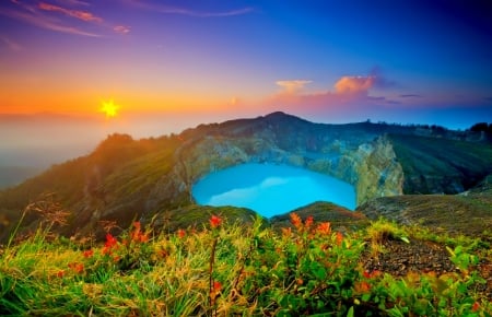 Circle lake - lake, sky, mountain, landscape, circle, colorful, sunset, rocks, view, beautiful, sea, wildflowers