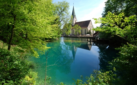 Church on the shore of the pond - shore, forest, pond, church