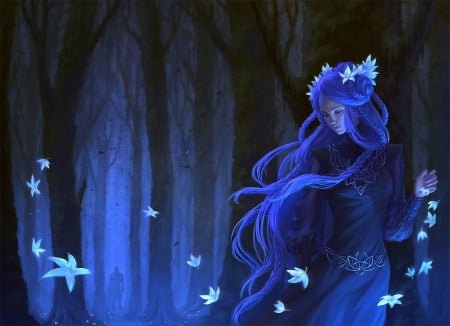 Fantasy girl - forest, fantasy, magical, woods, luminos, girl, frumusete, blue