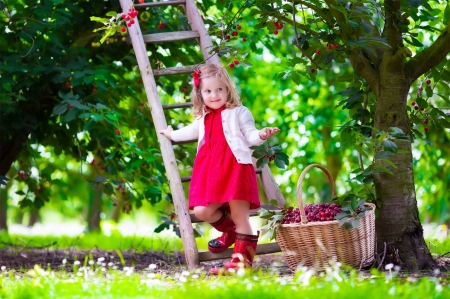 Cherries heaven - summer, cherry, girl, pink, copil, child, green, cute, little, vara