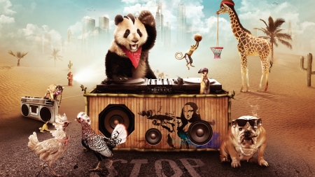 Panda DJ - music, funny, fantasy, giraffe, creative, caine, chicken, situation, dog, animal, panda, monkey, dj