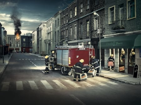 Sales - street, night, pompieri, sales, funny, creative, fantasy, car, situation, city, fireman