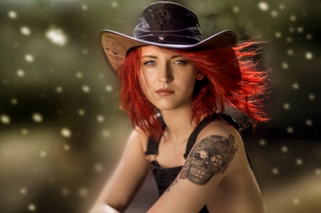 Cowgirl - hat, tattoo, skull, cowgirl, black, redhead, red, woman, model