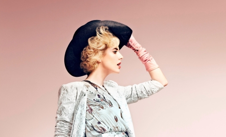 Cowgirl - hat, agyness deyn, girl, pink, cowgirl, black, white, woman, model