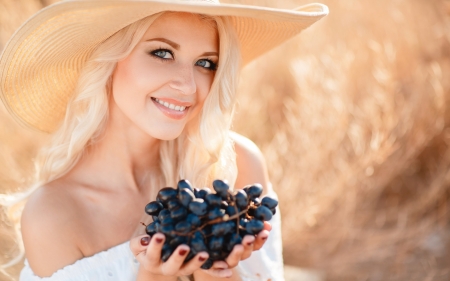 Beauty - woman, girl, hat, cowgirl, summer, fruit, model, hand, grapes, blonde