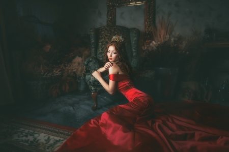 Beauty - woman, beauty, girl, room, asian, black, model, red, dress