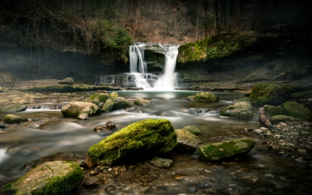 Twin Waterfalls Near Zurich, Switzerland - switzerland, nature, waterfall, rocks