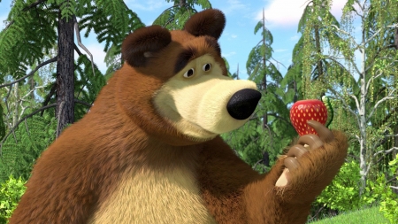 Masha and the Bear - animation, strawberry, forest, animal, red, green, Masha and the Bear, fruit, movie