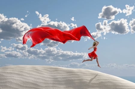 In the wind - summer, running, blue, girl, creative, wind, scarf, red, woman, cloud, situation, vara, sky