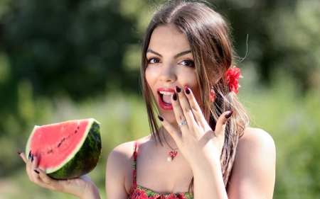 Surprised - woman, watermelon, vara, girl, summer, surprise, model, face, hand, red, green, slice