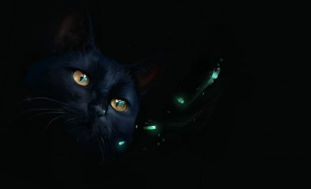 Cat - pisica, pictura, black, cat, luminos, painting, art