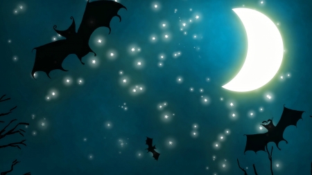 Happy Halloween! - moon, silhouette, sky, night, black, fantasy, halloween, blue, luminos, bat, luna