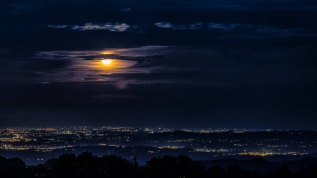 moon over a city - moon, fun, cool, clouds, city, space