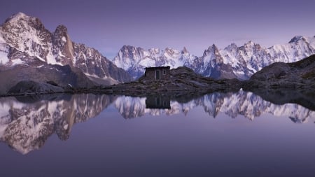 mountains with a cabin - fun, lake, mountains, reflectiions, cabins, lakes, nature, cool, cabin