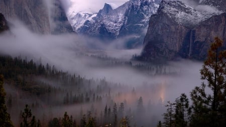 Yosemite Night - valley, national park, trees, river, usa, mist