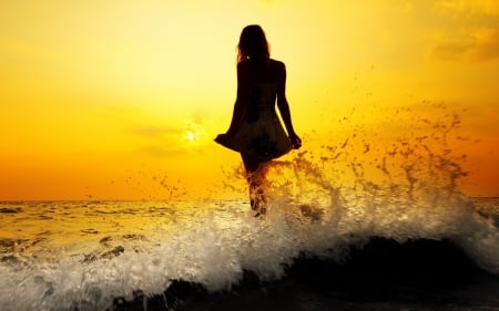 Woman and Sunset - sunset, woman, splash, shadow