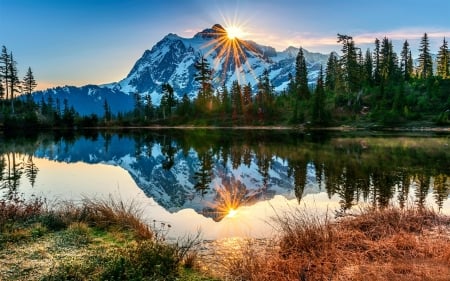 Mount Baker Lake,Washington - nature, lake, vocano, sun