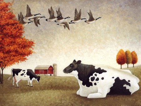 CHANGE OF SEASON - season, cows, trees, field, house, grass, drawing, birds