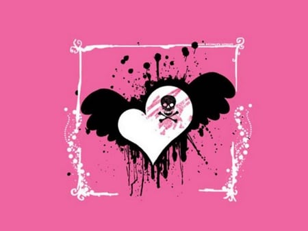 emo True Love - cross bones, heart, frame, pink background, ink spot, skull