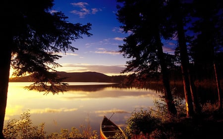 Peaceful Image - calm, trees, lanscape, image, boat, forest, mountains, peaceful