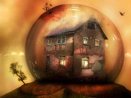 CRYSTAL BALL - crystal, trees, house, ball, old, birds