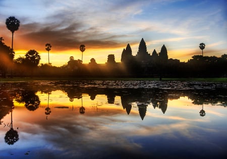 Sunrise over Angkor Wat - sky, lake, palm trees, sunrise