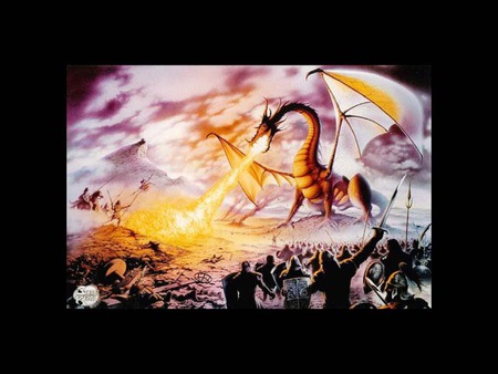 Dragon Fight  - spears, warrior, dragon, fire, wings, flames, army