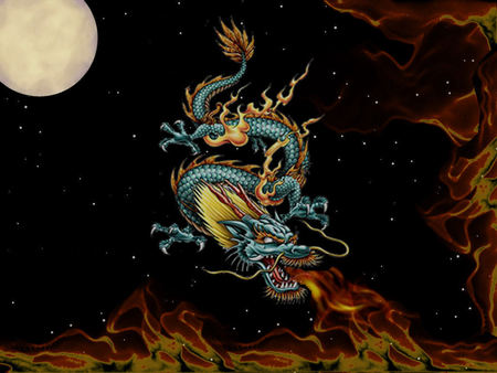 Oriental Dragon - fire, flames, chinese, full moon, moon, dragon