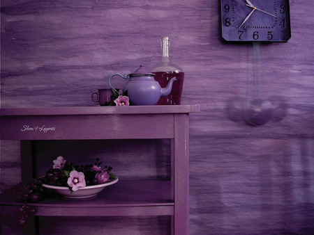 Home in Purple - bowl, wine, cup, purple, tea pot, table, clock, bottle, flowers