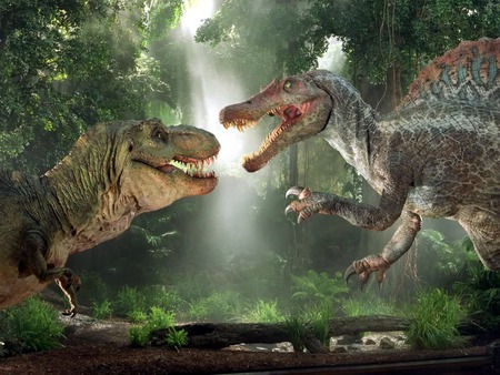 Tyrannosaurus vs Spinosaurus - prehistoric, dinosaurs, dinosaur, amazing, great, paleontology, tyrannosaur, tyrannosaurus rex, animal, nice, t-rex, other, cretaceous, prehistory, spinosaurus, cool, reptile, picture, awesome, tyrannosaurus, reptiles, animals