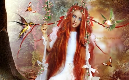 Princess with red hair - bird, colibri, girl, swing, fantasy, white, redhead, woman, roserikagraphics, princess, hummingbird, luminos