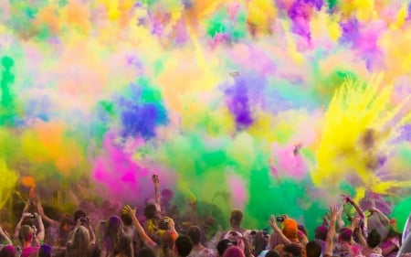 Party with colorful dust - people, yellow, pink, hand, colorful, party, green, dust