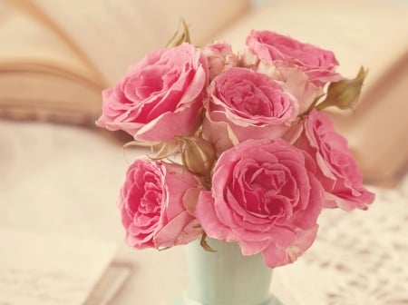 Pink roses - trandafir, white, pink, soft, bouquet, rose, flower, vase