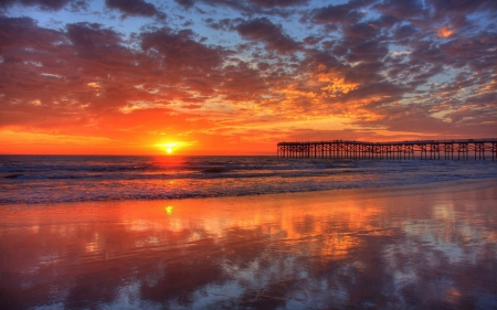 Pacific Sunset in California - pier, colors, sun, clouds