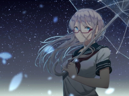 10 - ANIME, anime girl, blue, night, hair, STARS