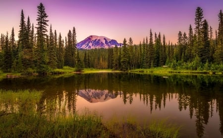 Landscape with mountain and lake - sky, lake, forest, reflection, beautiful, trees, mountain, shore