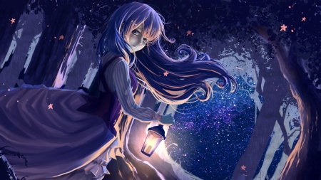 Dark forest - anime, dark forest, girl, lantern