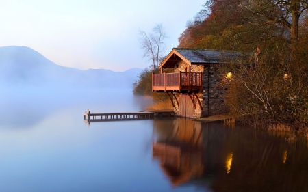 Autumn Boat Dock - autumn, house, boat, dock