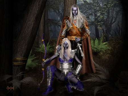 Drow Elves Defenders - Father and Daughter, warriors, Drow elves, Forest dwellers